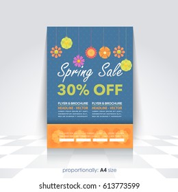 A4 Style Flyer, Poster, Brochure Design. Spring Sale Concept Ad Vector Background, Flowers Elements Illustration
