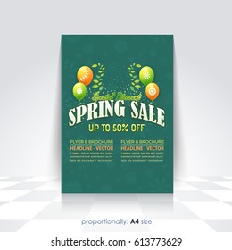 A4 Style Flyer, Poster, Brochure Design. Spring Sale Concept Ad Vector Background, Flowers Elements Illustration.