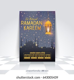 A4 Style Ramadan Kareem Flyer, Islamic Holy Nights Theme Vector Design - Arabic "Eid Mubarak", "be Blessed" at English