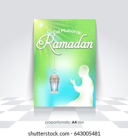 A4 Style Ramadan Kareem Flyer, Islamic Holy Nights Theme Vector Design - Arabic "Eid Mubarak", "be Blessed" at English