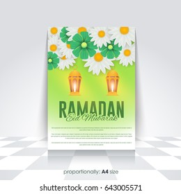 A4 Style Ramadan Kareem Flyer, Islamic Holy Nights Theme Vector Design - Arabic "Eid Mubarak", "be Blessed" at English