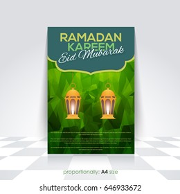 A4 Style Ramadan Kareem Flyer, Islamic Holy Nights Theme Vector Design - Arabic "Eid Mubarak", "be Blessed" at English