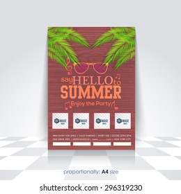 A4 Style Summer Season Theme Flyer, Poster, Banner Design, Vertical Wooden Background, Advertising Template