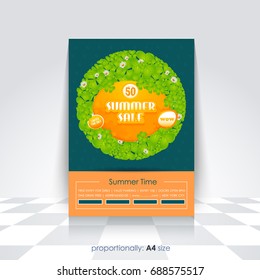 A4 Style Summer Season Vector Background. Holiday Concept Advertising Design with Image Add Feature, Print Ready Ad