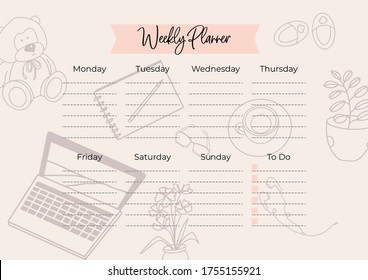 A4 Stylish weekly planner with no date with drawings on the theme of work at home. To-do list for every day of the week. Self-organization. Scheduler Template. Vector stock illustration.