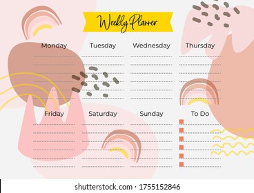 A4 Stylish weekly planner without a date with an abstract pattern- spots, lines. To-do list for every day of the week. Self-organization. Scheduler Template. Vector stock illustration