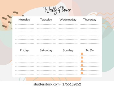 A4 Stylish weekly planner without a date with an abstract pattern- spots, lines. To-do list for every day of the week. Self-organization. Scheduler Template. Vector stock illustration