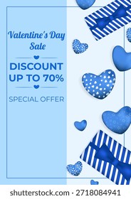 An A4 template with large, 3D hearts and blue gift boxes for sales, advertising, prints, cards, messages, posts, posters, and more. Valentine's Day.
