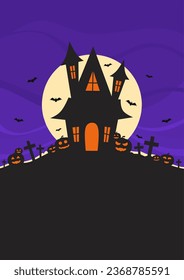 a4 template poster of halloween with haunted house and full moon behind it with some scary pumpkins and flying bats