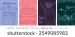 A4 templates for bubble tea designs. Hand drawn vector boba teas with tapioca pearls and jelly. Bubble teas in glasses and plastic to-go cups. Ready to use, easy to edit graphic resources.