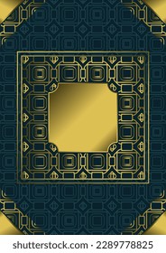A4 title page with gold ornaments, corners and a blank nameplate in the middle. Dark blue background. Version number 6. Vector illustration
