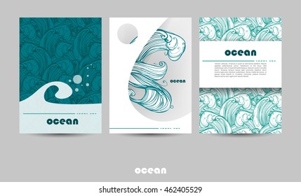 A4 Title Sheet Template. Background on the marine theme. Image of waves, sea, ocean. Menu design, invitations, covers, or your projects.