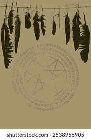 Banner vetorial A4 sobre o tema do paganismo, magia negra e bruxaria com penas de corvo de pássaro preto e pentagrama satânico runas mágicas em um círculo no estilo xamã folk