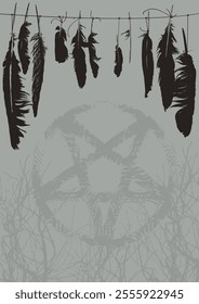 A4 vector banner on the theme of paganism, black magic and witchcraft with bird crow feathers and satanic magic pentagram in a circle and roots in the folk shaman style of American Indians