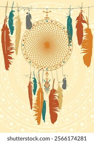 A4 vector banner on the theme of paganism, magic and witchcraft with bird feathers and dreamcatcher in the folk style