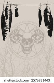 A4 vector banner on the theme of satanism, black magic and witchcraft with bird crow feathers and satanic pentagram, human skull with horns in the folk shaman style