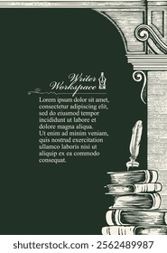 A4 Vector banner on writers theme with sketches and space for text. Writer's workplace. Vintage illustration with hand-drawn books, vintage architecture arch and writer's pen with ink