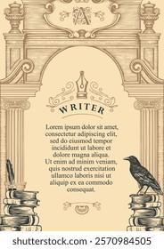 A4 Vector banner on writers theme with sketches and space for text. Writer's workplace. Vintage illustration with hand-drawn books, vintage architecture arch, old wise raven and writer's pen with ink