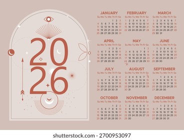 A4 vector calendar 2026. Set of 12 months with celestial elements on a beige background.
