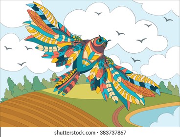 A4 Vector colorful Zentangle stylized abstract Wise owl fly and flora. Art and Color Therapy anti stress. An antistress Coloring Book. coloring page