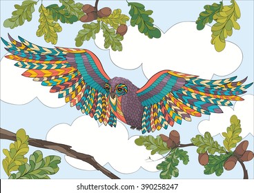 A4 Vector colorful Zentangle stylized abstract Wise owl fly and flora. Art and Color Therapy anti stress. An anti-stress Coloring Book. coloring page adult and children. leaves and acorns