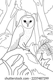 A4 vector coloring book for children - a barn owl sits on a snag.  coloring page with forest background.  black and white illustration, line art