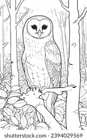 A4 vector coloring book for children - a barn owl sits on a snag. coloring page with forest background. black and white illustration, line art