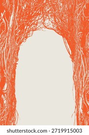 A4 vector frame for a greeting card or flyer in a gothic style with a realistic arch of roots and branches, old tree. A dense forest. Space for an inscription. Magical, fairytale-like. No ai