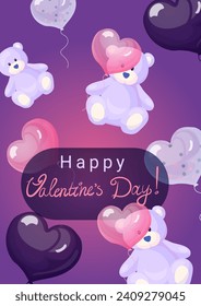 A4 vector illustration: pink box,soft bear, heart balloons in white, dark, and pink, and handwritten greetings. Ideal for banners, posters, cards, or postcards with a love or Valentine's Day theme.