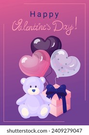 A4 vector illustration: pink box,soft bear, heart balloons in white, dark, and pink, and handwritten greetings. Ideal for banners, posters, cards, or postcards with a love or Valentine's Day theme.