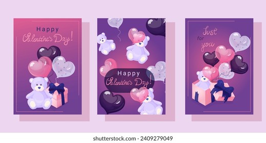 A4 vector illustration: pink box,soft bear, heart balloons in white, dark, and pink, and handwritten greetings. Ideal for banners, posters, cards, or postcards with a love or Valentine's Day theme.