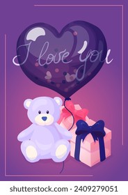 A4 vector illustration: pink box,soft bear, heart balloons in white, dark, and pink, and handwritten greetings. Ideal for banners, posters, cards, or postcards with a love or Valentine's Day theme.