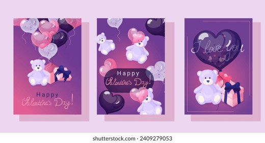 A4 vector illustration: pink box,soft bear, heart balloons in white, dark, and pink, and handwritten greetings. Ideal for banners, posters, cards, or postcards with a love or Valentine's Day theme.