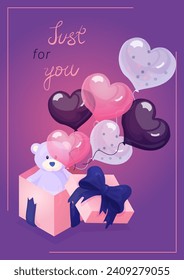 A4 vector illustration: pink box,soft bear, heart balloons in white, dark, and pink, and handwritten greetings. Ideal for banners, posters, cards, or postcards with a love or Valentine's Day theme.