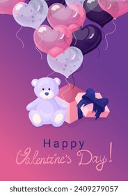 A4 vector illustration: pink box,soft bear, heart balloons in white, dark, and pink, and handwritten greetings. Ideal for banners, posters, cards, or postcards with a love or Valentine's Day theme.