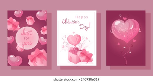 A4 vector illustration: pink box,soft bear, heart balloons in white, dark, and pink, and handwritten greetings. Ideal for banners, posters, cards, or postcards with a love or Valentine's Day theme.