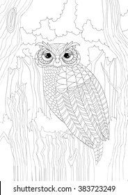 A4 Vector monochrome  Zentangle stylized abstract Wise owl on the stump. Art and Color Therapy anti stress. An antistress Coloring Book. Wise owl and flora.