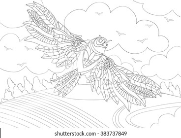 A4 Vector monochrome  Zentangle stylized abstract Wise owl fly and flora. Art and Color Therapy anti stress. An antistress Coloring Book. coloring page
