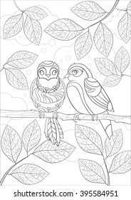 A4 Vector monochrome  Zentangle stylized abstract Two love birds on a tree branch with leaves. Art and Color Therapy anti stress. An antistress Coloring Book. coloring page adult and children