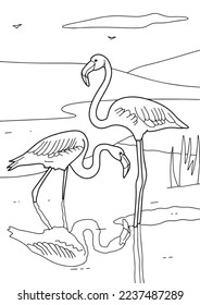 a4 página de tamaño vectorial para colorear niños con flamencos parados en el agua.  ilustración en blanco y negro con dos flamencos
