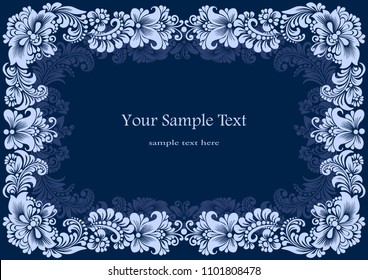 A4, Vector square white frames with ornament with flowers on a blue background. Decor of advertising page, certificate, menu in lace vintage style.