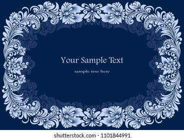 A4, Vector square white frames with ornament with flowers on a blue background. Decor of advertising page, certificate, menu in lace vintage style.