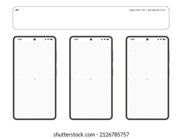 A4 vector template for developing of mobile UX design. Black outline frames of generic phone. 18:9 aspect ratio. Dotted paper mockup with 2 mm grid spacing. Set of layouts for drawing of UI prototypes