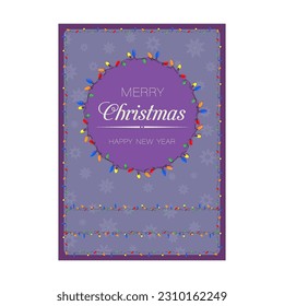 A4 plantilla de impresión vertical tarjeta de invitación de Navidad para celebración con bombilla de luz GARLAND. Celebración de Año Nuevo. Vector festivo