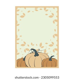A4 vertical Print template invitation card for Halloween celebration with orange pumpkin fruit. Beige shades. Frames with leaves and pumpkin . Festive vector
