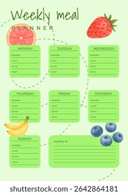 A4 weekly meal planner with shopping list and watercolor fruits. Bright, clean layout for organizing daily meals. Perfect for printing, journaling, or kids' food planning.
