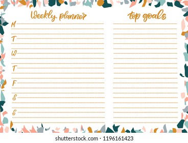 A4 weekly planner with hand lettering and terrazzo elements. Perfect design for greeting cards, notebooks, posters, stationery.
