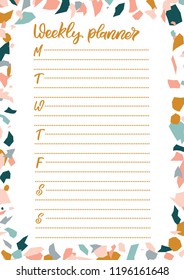 A4 weekly planner with hand lettering and terrazzo elements. Perfect design for greeting cards, notebooks, posters, stationery.