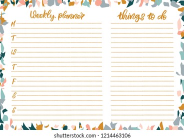 A4 weekly planner with hand lettering and terrazzo elements. Perfect design for greeting cards, notebooks, posters, stationery.