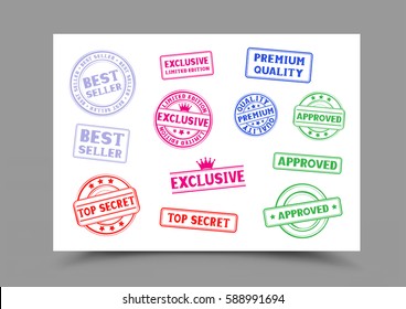 A4 white horizontal paper document template with different stamps and shadow bottom on gray background. Stamp set collection